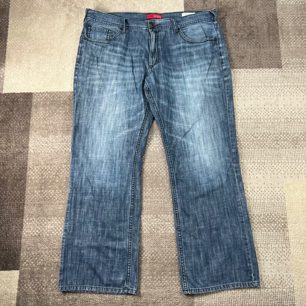 Guess Rowland Fit Relaxed Straight Leg Blue Jeans Mens 40X32 Whiskering